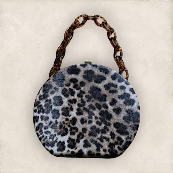 Leopard Print Fashion Round Hand Purse with Brown Acrylic Removal Link Chain - Picture 1 of 13
